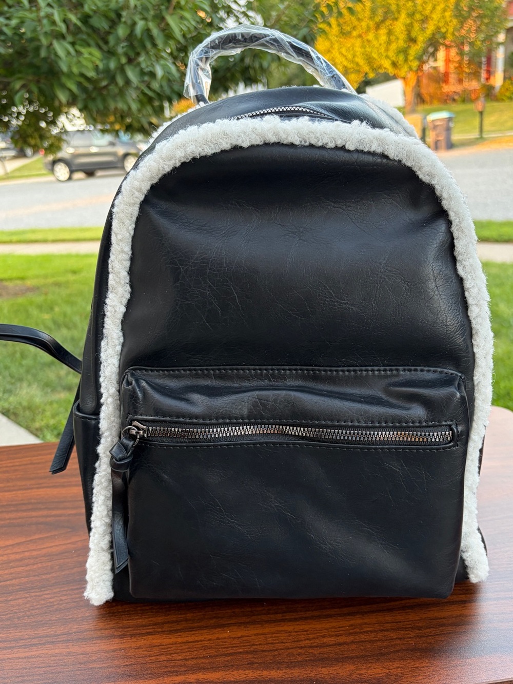 Jen & Co Bria Black Vegan Leather Sherpa Trim Backpack NWT